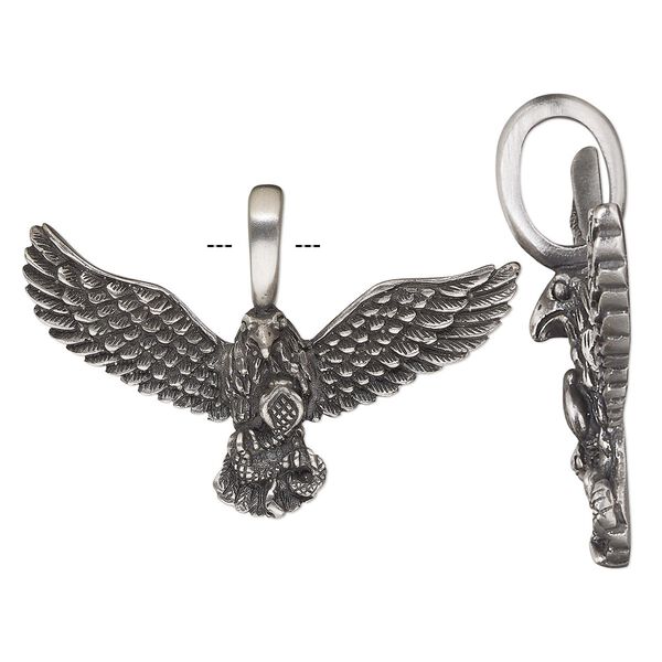 Pendant, antiqued pewter (tin-based alloy), 58x39mm single-sided eagle with snake. Sold individually. image number 0