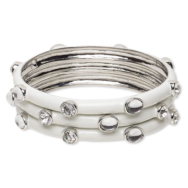 Bracelet, bangle, enamel / glass rhinestone / imitation rhodium-finished "pewter" (zinc-based alloy), white and clear, 7.5mm wide, 8-1/2 inches. Sold per pkg of 3. image number 0