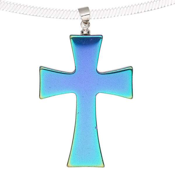 Hemalyke™ / brass 1pkg1, electroplated silver-finished double-sided cross pendant 38x27mm image number 0