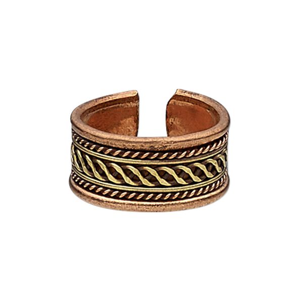 Ring, antiqued copper and brass, 11mm wide with twisted wire and wave design, size 9. Sold individually. image number 0