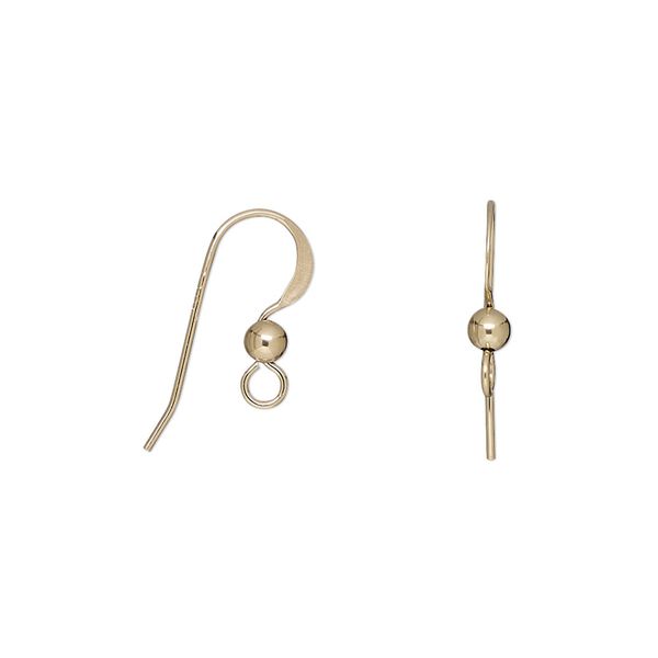 Ear wire fishhook 1pkg10 14Kt gold-filled, 13mm flat / 3mm ball / open loop, 24 gauge 5 pair image number 0