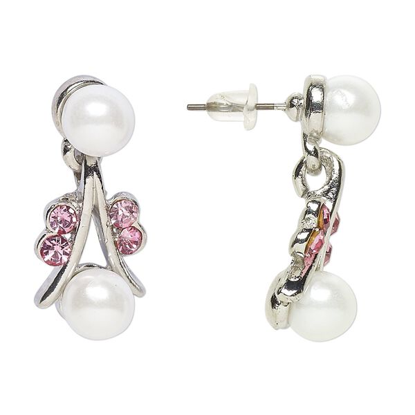 Earring, Everyday Jewelry, antique silver-finished "pewter" (zinc-based alloy) / glass / acrylic pearl, pink and white, 27mm with post. Sold per pair. image number 0