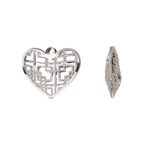 Charm, stainless steel, 18x15.5mm double-sided domed heart with textured cut-out geometric design. Sold per pkg of 6. image number 0