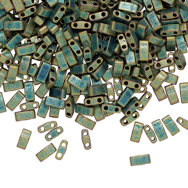 Seed bead, TILA®, glass, pkg/40g, 5x2.3mm half tila rectangle, opaque matte metallic iris green patina, (HTL-2008). image number 0