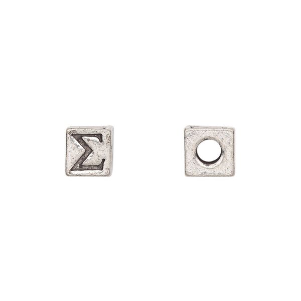 Bead, antiqued pewter (tin-based alloy), 7mm cube with Greek letter, SIGMA. Sold per pkg of 4. image number 0