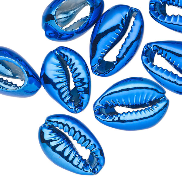 Component, electroplated cowrie shell, blue, 16x11mm-19x12mm hand-cut cowrie, Mohs hardness 3-1/2. Sold per pkg of 10. image number 0