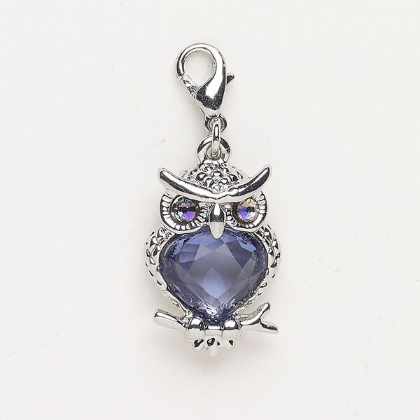 Charm "pewter" zinc-based alloy steel glass 1pk 20x14mm owl lobster claw clasp, antique silver finish tanzanite AB tanzanite image number 0