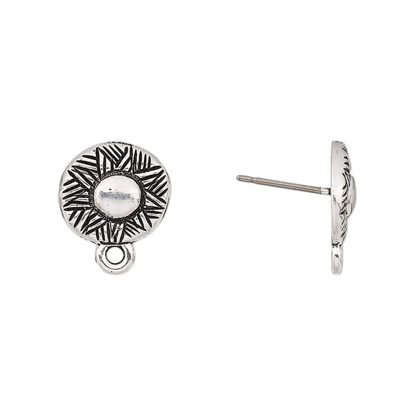 Earstud, TierraCast®, antique silver-plated pewter, 12mm woven round with rhythm theme and closed loop with titanium post. Sold per pair. image number 0
