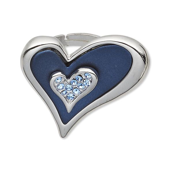 Ring, Czech glass rhinestone / rubber / imitation rhodium-plated "pewter" (zinc-based alloy), dark blue and blue, 32x32mm heart, adjustable. Sold individually. image number 0