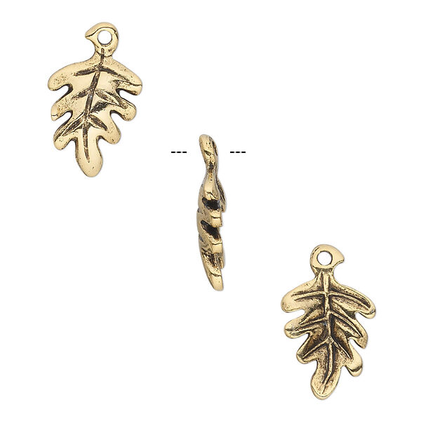 Charm, antique gold-plated pewter (tin-based alloy), 13x10mm oak leaf. Sold per pkg of 6. image number 0