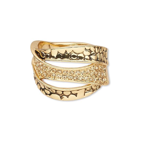 Ring, Czech glass rhinestone and antique gold-finished "pewter" (zinc-based alloy), light topaz, 19mm wide with textured 3-row design, size 9. Sold individually. image number 0