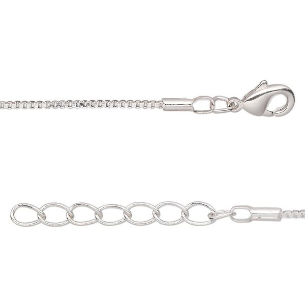 Chain, silver-plated brass, 1mm Venetian box, 7-1/2 inches with 1-1/4 inch extender chain and lobster claw clasp. Sold per pkg of 6. image number 0