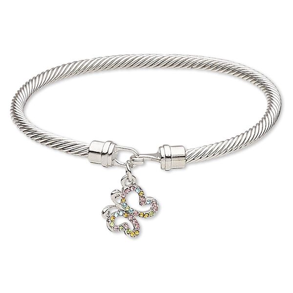 Bracelet, bangle, Czech glass rhinestone with silver-plated brass and "pewter" (zinc-based alloy), multicolored, 4mm twisted cable with 16x15mm open butterfly, 7-1/2 inches with hook-and-eye clasp. Sold individually. image number 0