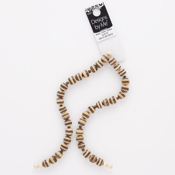Bead, wood (natural), light brown and dark brown stripes, 9-10mm round with 0.8mm hole. Sold per pkg of 36. image number 0