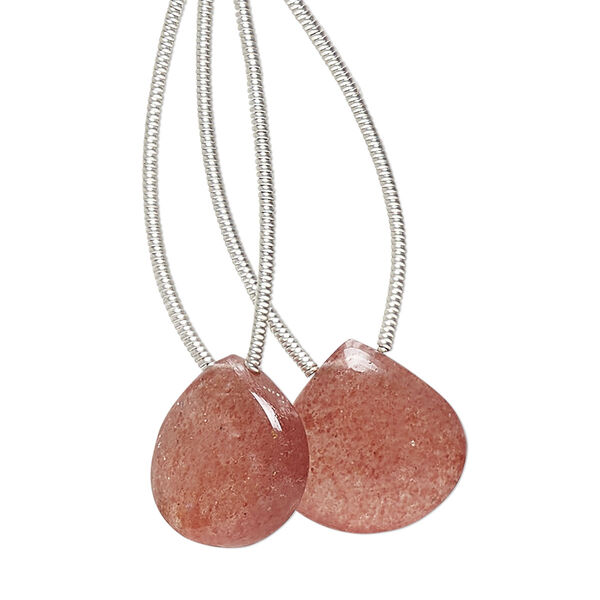 Strawberry quartz 1pkg2, hand-cut top-drilled puffed teardrop bead natural 14x14mm image number 0