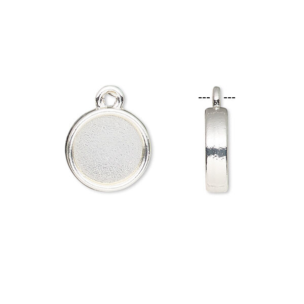 Drop, silver-finished brass, 12mm double-sided round with 10mm round setting. Sold per pkg of 10. image number 0