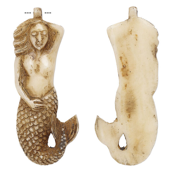 Focal, antiqued bone (dyed), 60x26mm hand-carved single-sided mermaid, Mohs hardness 2-1/2. Sold individually. image number 0