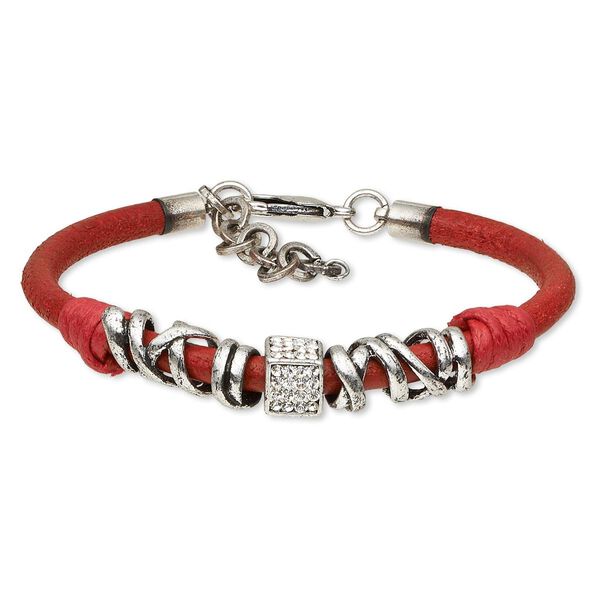 Bracelet, leather (dyed) / Czech glass rhinestone / antique silver-plated steel / "pewter" (zinc-based alloy), red and clear, 9mm wide, 7-1/2 inches with 1-3/4 inch extender chain and lobster claw clasp. Sold individually. image number 0