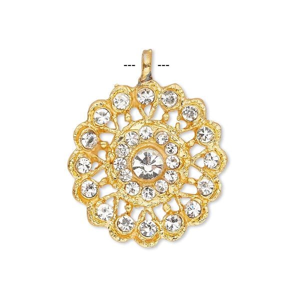 Pendant, glass rhinestone and gold-finished "pewter" (zinc-based alloy), clear, 23mm round. Sold individually. image number 0