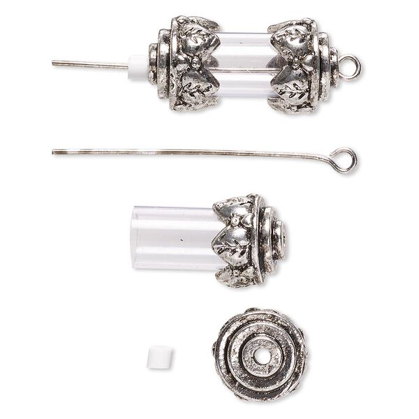 Drop, acrylic with antique silver-finished brass and "pewter" (zinc-based alloy), clear, 24x12mm with 15x8mm round tube and removable ends, 1-1/2 inch eye pin. Sold per pkg of 10. image number 0