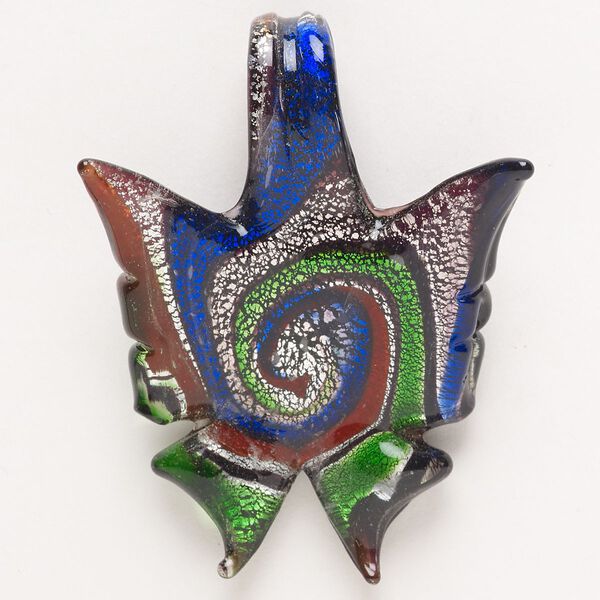 Focal, lampworked glass, pkg/1, opaque blue/green/red with silver-colored foil, 45x41mm-57x45mm top-drilled butterfly. image number 0