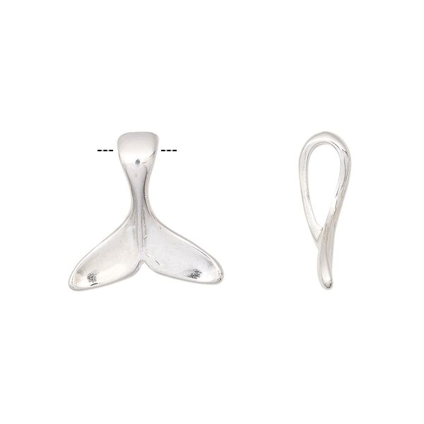 Charm, silver-finished "pewter" (zinc-based alloy), 16mm 3D whale tail. Sold per pkg of 4. image number 0