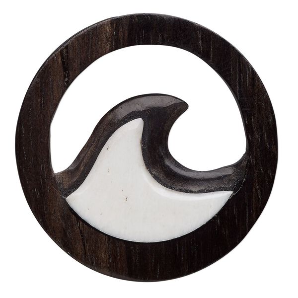 Focal, arang wood and bone (bleached), 34mm hand-carved single-sided cutout wave. Sold individually. image number 0