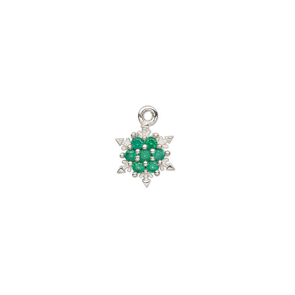 Charm, sterling silver and cubic zirconia, green, 8mm snowflake. Sold individually. image number 0