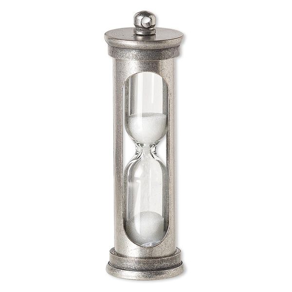 Focal, sand / glass / silicone / antique silver-finished brass, white and clear, 47x14mm hourglass. Sold individually. image number 0