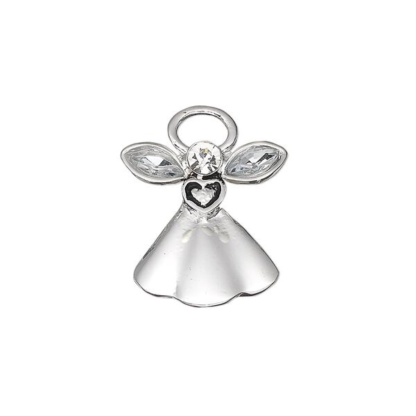 Charm, antique silver-plated "pewter" (zinc-based alloy) and crystal, clear, 18x17mm single-sided angel with crystal wings and face. Sold per pkg of 2. image number 0