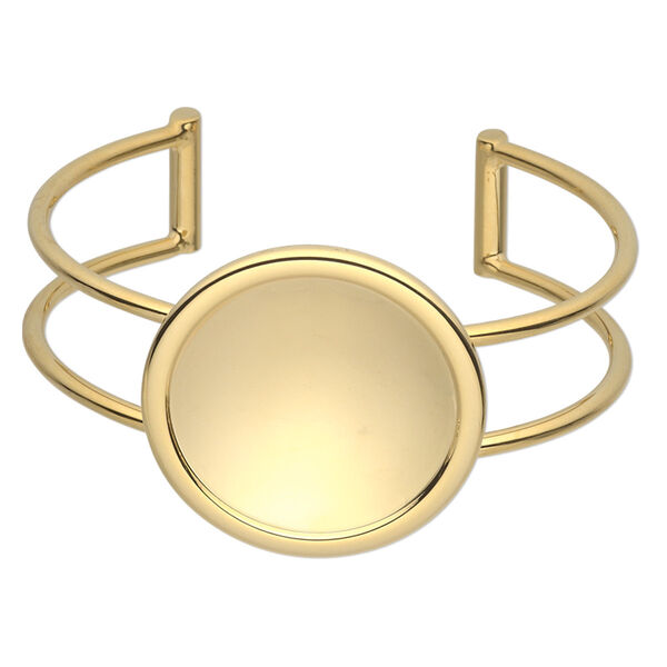 Bracelet, Almost Instant Jewelry®, cuff, gold-plated brass and "pewter" (zinc-based alloy), 65x36mm with 30mm round setting, adjustable. Sold individually. image number 0