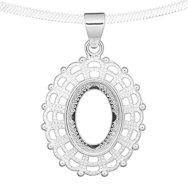 Pendant, silver-plated "pewter" (zinc-based alloy), 31.5x28mm fancy oval with 18x13mm oval setting. Sold per pkg of 4. image number 0
