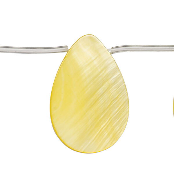 Bead, mother-of-pearl shell (dyed), yellow, 30x6mm-30x10mm top-drilled flat teardrop, Mohs hardness 3-1/2. Sold per 12-inch strand, approximately 10 beads. image number 0