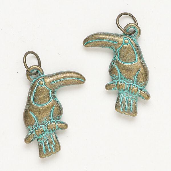 Charm, steel, pkg/2, antique gold finish and green patina, 23x20mm-24x21mm single-sided toucan. image number 0