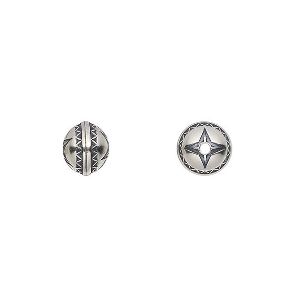 Bead, antiqued sterling silver, 8mm bench-made round with star. Sold individually. image number 0