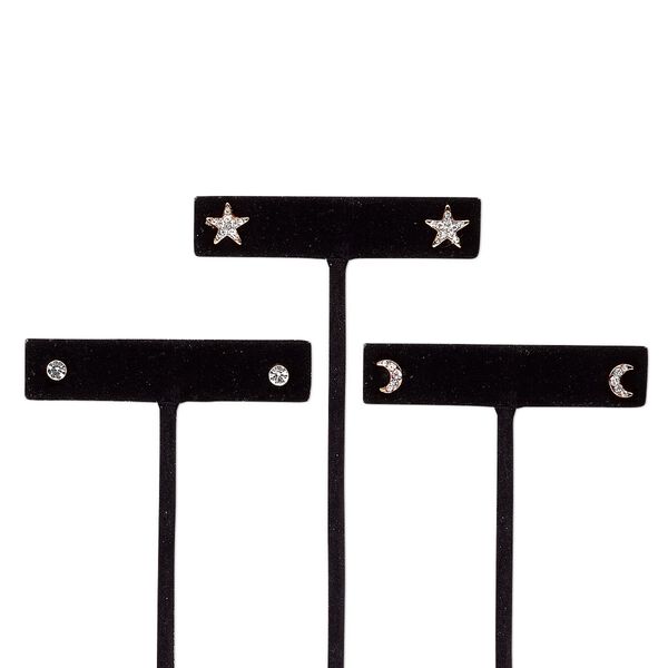 Earring, glass rhinestone / stainless steel / rose gold-finished steel / "pewter" (zinc-based alloy), clear, 4x4mm round / 8x5mm moon / 10x10mm star with post. Sold per pkg of 3 pairs. image number 0