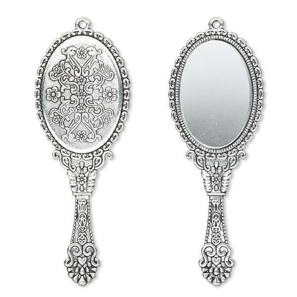 Focal, glass and antique silver-plated "pewter" (zinc-based alloy), 70x26mm single-sided hand mirror. Sold individually. image number 0