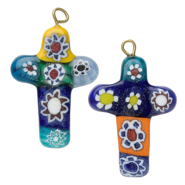 Focal, millefiori glass and antique gold-finished "pewter" (zinc-based alloy), multicolored, 35x20mm cross. Sold per pkg of 2. image number 0