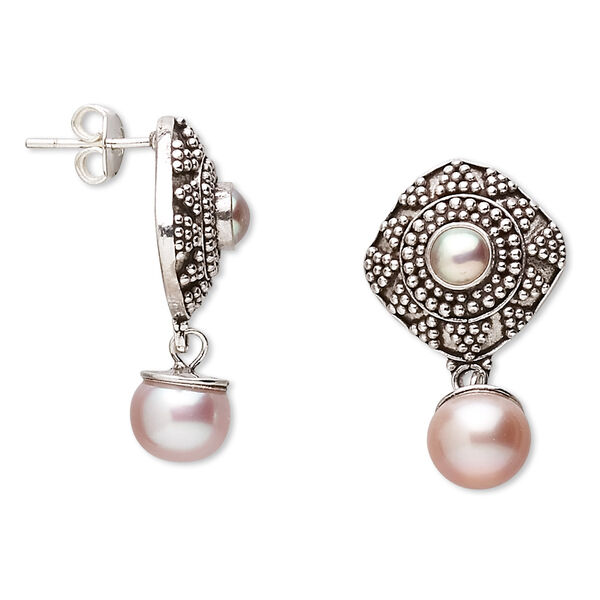 Earring, cultured freshwater pearl and sterling silver, mauve, 28mm with 17mm diagonal square and post. Sold per pair. image number 0