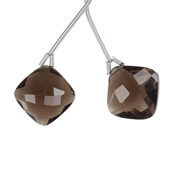 Smoky quartz 1pkg2, hand-cut top-drilled puffed faceted diamond bead 17mm image number 0