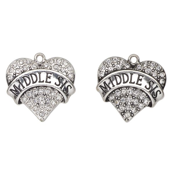 Charm, antique silver-finished enamel "pewter" (zinc-based alloy) and glass, clear and black, 24x23mm heart with "Middle Sis". Sold per pkg of 2. image number 0