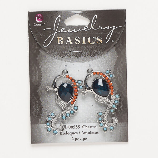 Focal, silver-finished "pewter" (zinc-based alloy) / acrylic / glass, dark blue / orange / blue / black, 44.5x27.5mm single-sided peacock. Sold per pkg of 2. image number 0