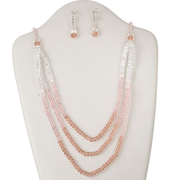 Necklace and earring set, glass and silver-finished steel, clear AB / light pink / medium pink, rondelle and bicone, 30-inch continuous loop, 43x10mm earrings with fishhook ear wire. Sold per set. image number 0
