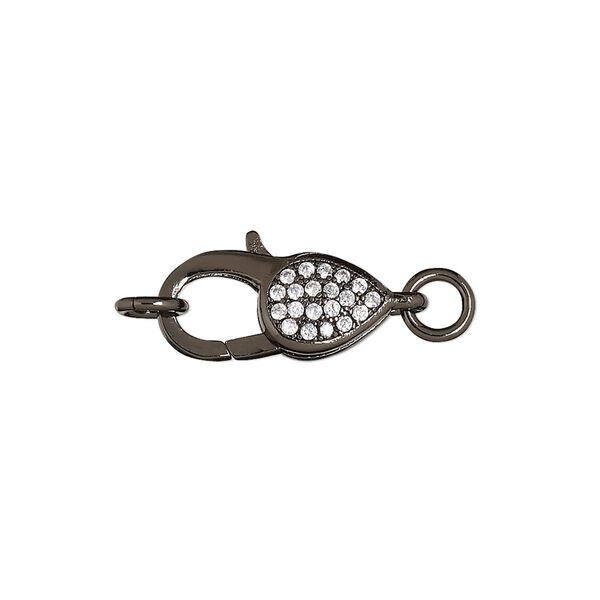 Clasp, lobster claw, cubic zirconia and black-finished brass, clear, 17x8mm double-sided with (2) 5.5mm jump rings. Sold individually. image number 0