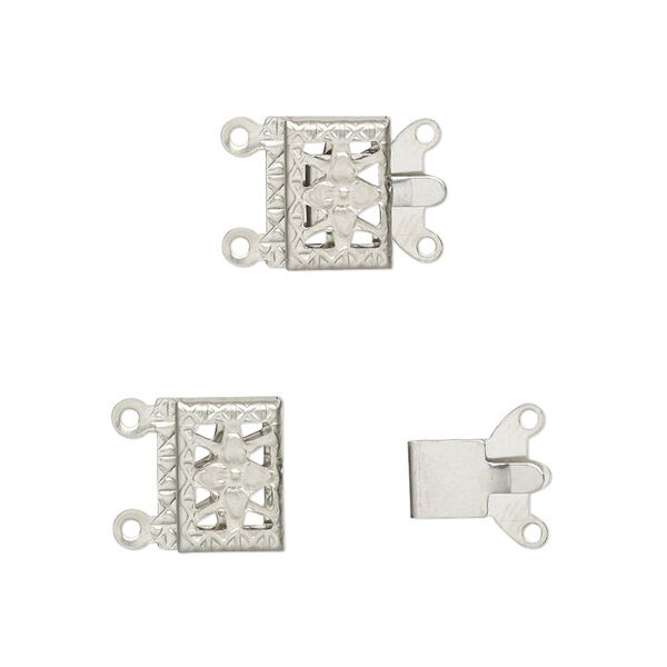 Clasp, 2-strand tab, stainless steel, 10x7mm rectangle with filigree design. Sold per pkg of 10. image number 0