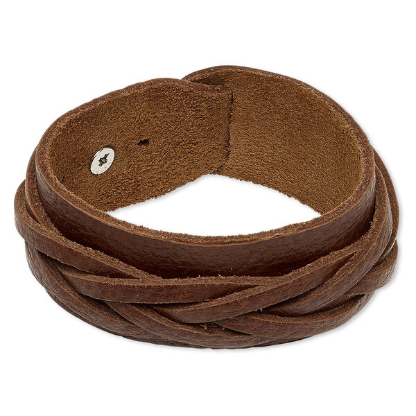 Bracelet, leather (dyed) and silver-plated "pewter" (zinc-based alloy), brown, 36mm wide with woven design, adjustable from 7-8 inches with rivet clasp. Sold individually. image number 0