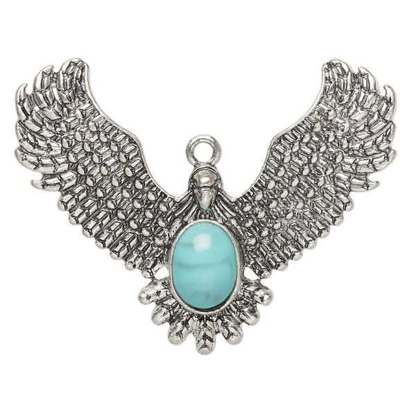 Focal, "turquoise" (resin) (imitation) and antiqued "pewter" (zinc-based alloy), blue, 45x36mm single-sided eagle with slightly curved wings. Sold individually. image number 0