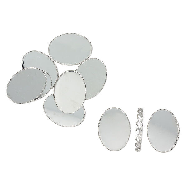 Component, silver-finished steel, 26x19mm scalloped oval with 25x18mm oval cabochon setting. Sold per pkg of 10. image number 0