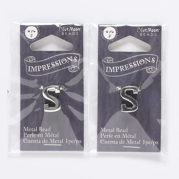 Bead, silver-finished "pewter" (zinc-based alloy), 13x9mm top-drilled alphabet letter "S" with 2mm hole. Sold per pkg of 2. image number 0