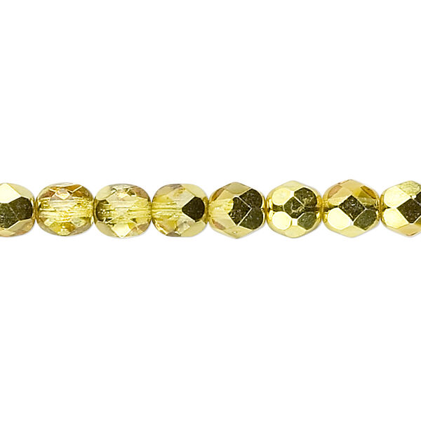 Bead, Czech fire-polished glass, opaque to translucent clear with half-coat metallic yellow gold, 6mm faceted round. Sold per 15-1/2" to 16" strand. image number 0